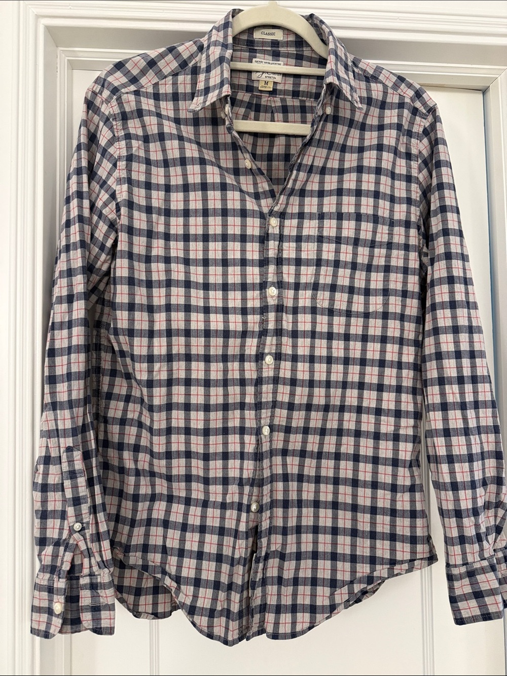 Men’s Navy, Grey and Red Plaid Button-Down Shirt